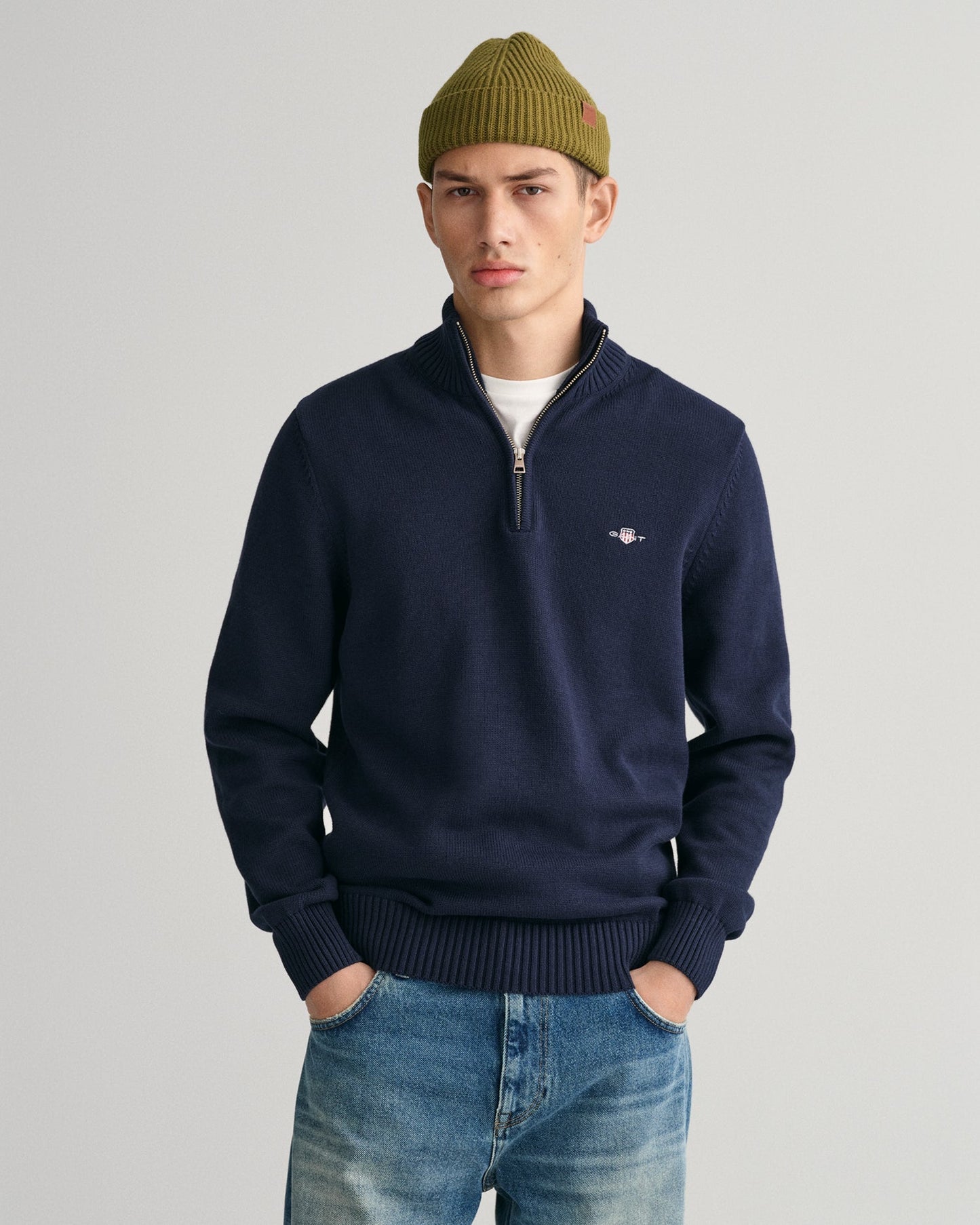 Men's Casual Cotton Half-Zip Sweater - EVENING BLUE