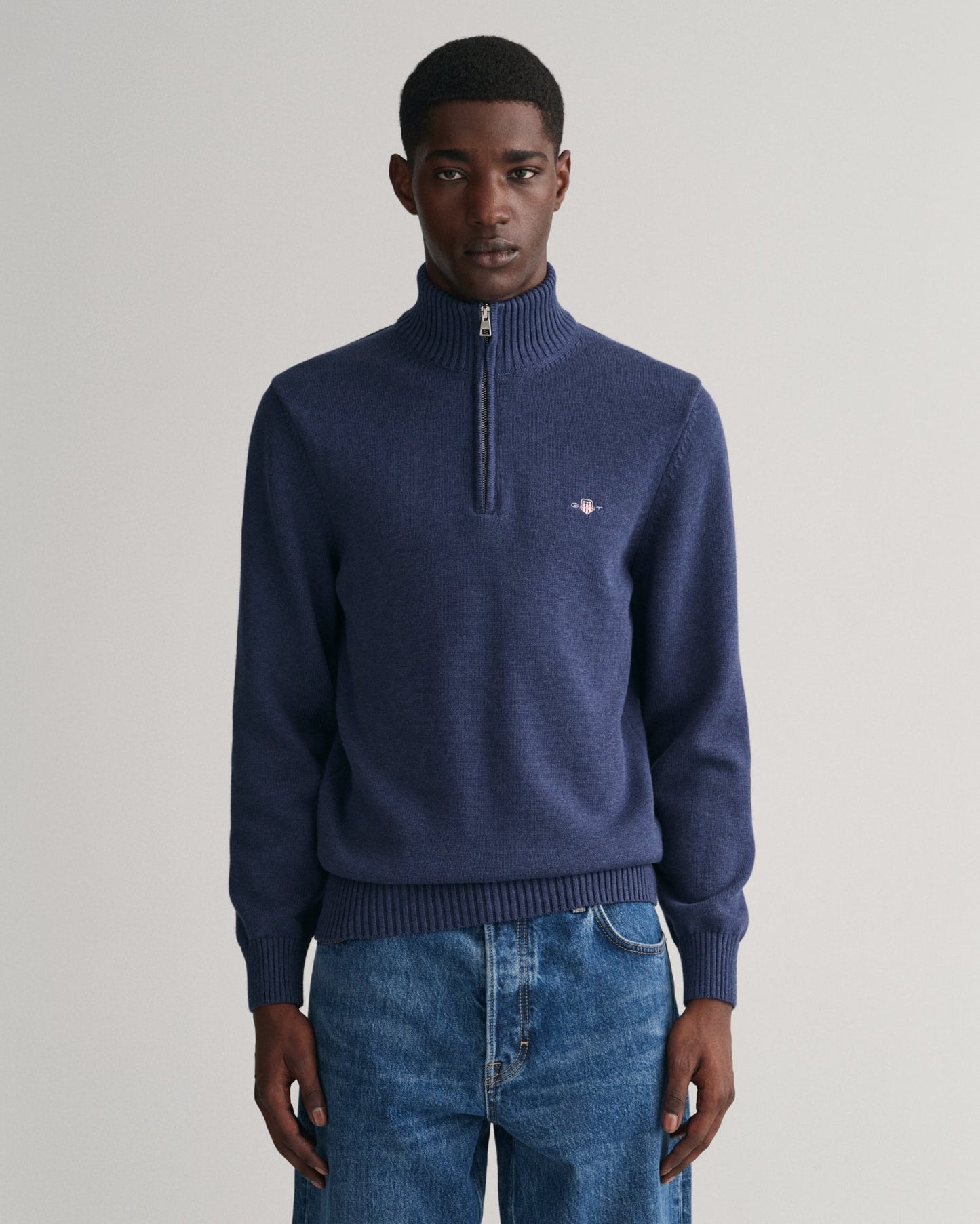 Men's Casual Cotton Half-Zip Sweater - MARINE MELANGE