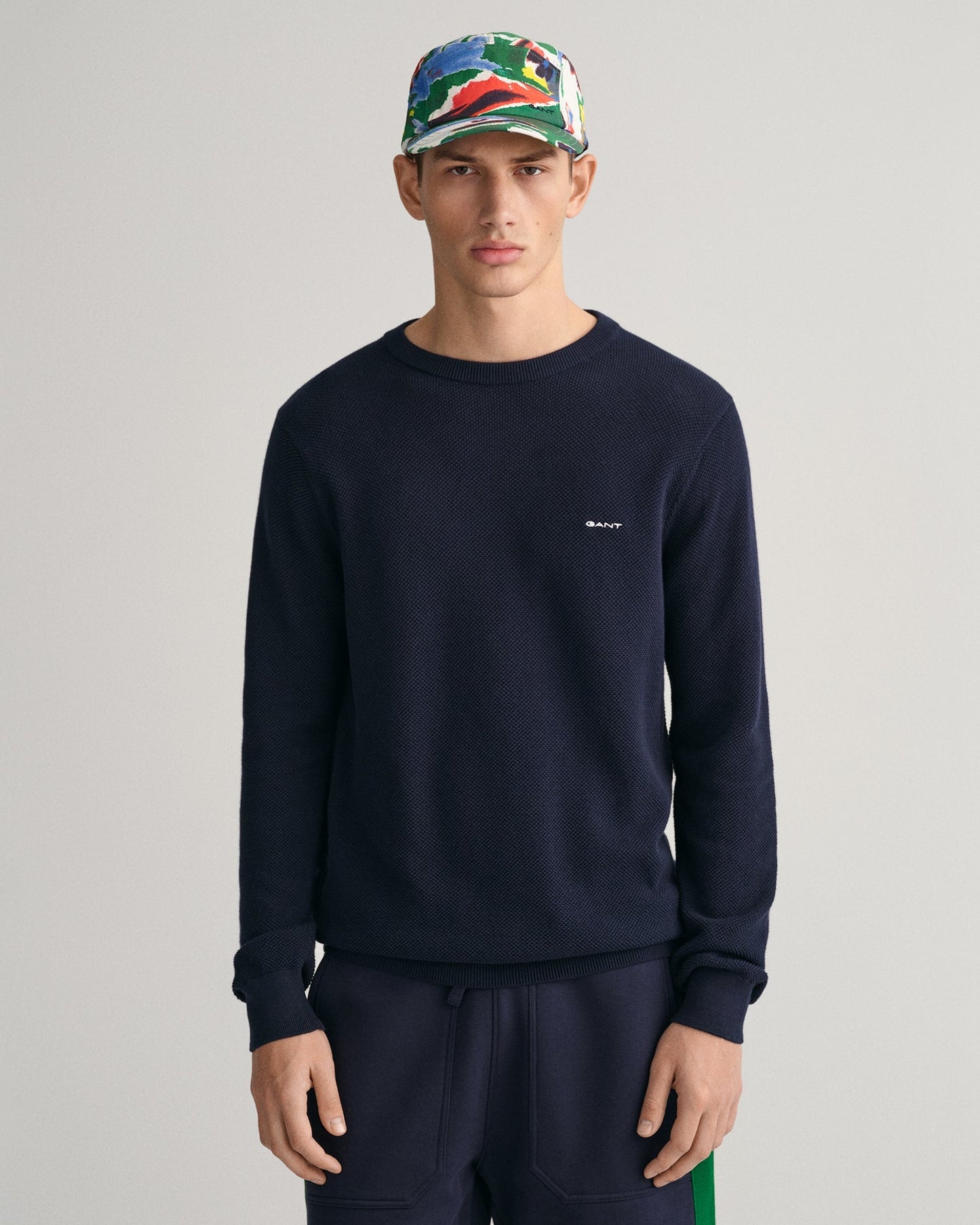 Men's Cotton Piqué Crew Neck Sweater - EVENING BLUE