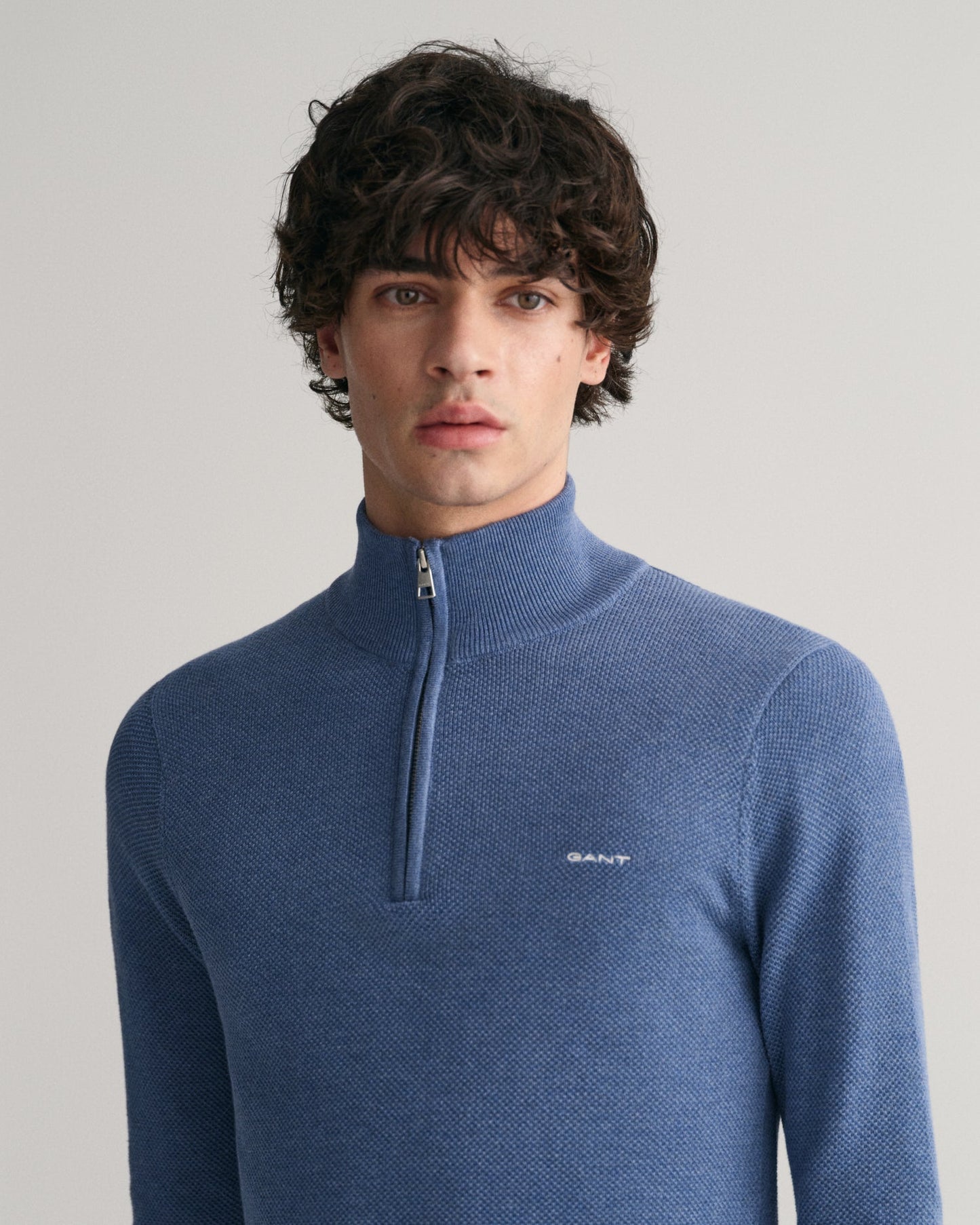 Men's Cotton Piqué Half-Zip Sweater - DENIM BLUE MEL