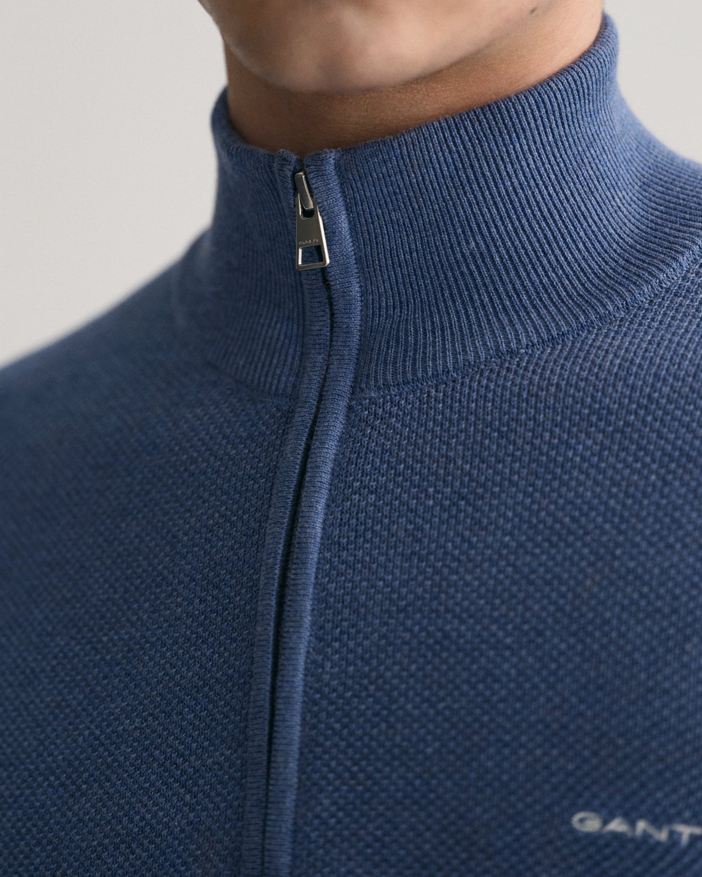 Men's Cotton Piqué Half-Zip Sweater - DENIM BLUE MEL