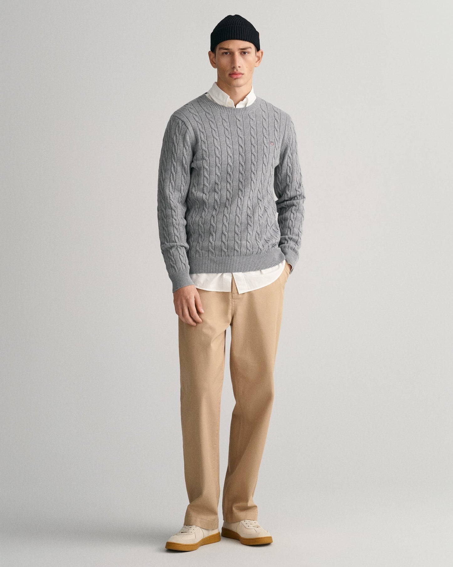 Men's Cotton Cable Knit Crew Neck Sweater - GREY MELANGE