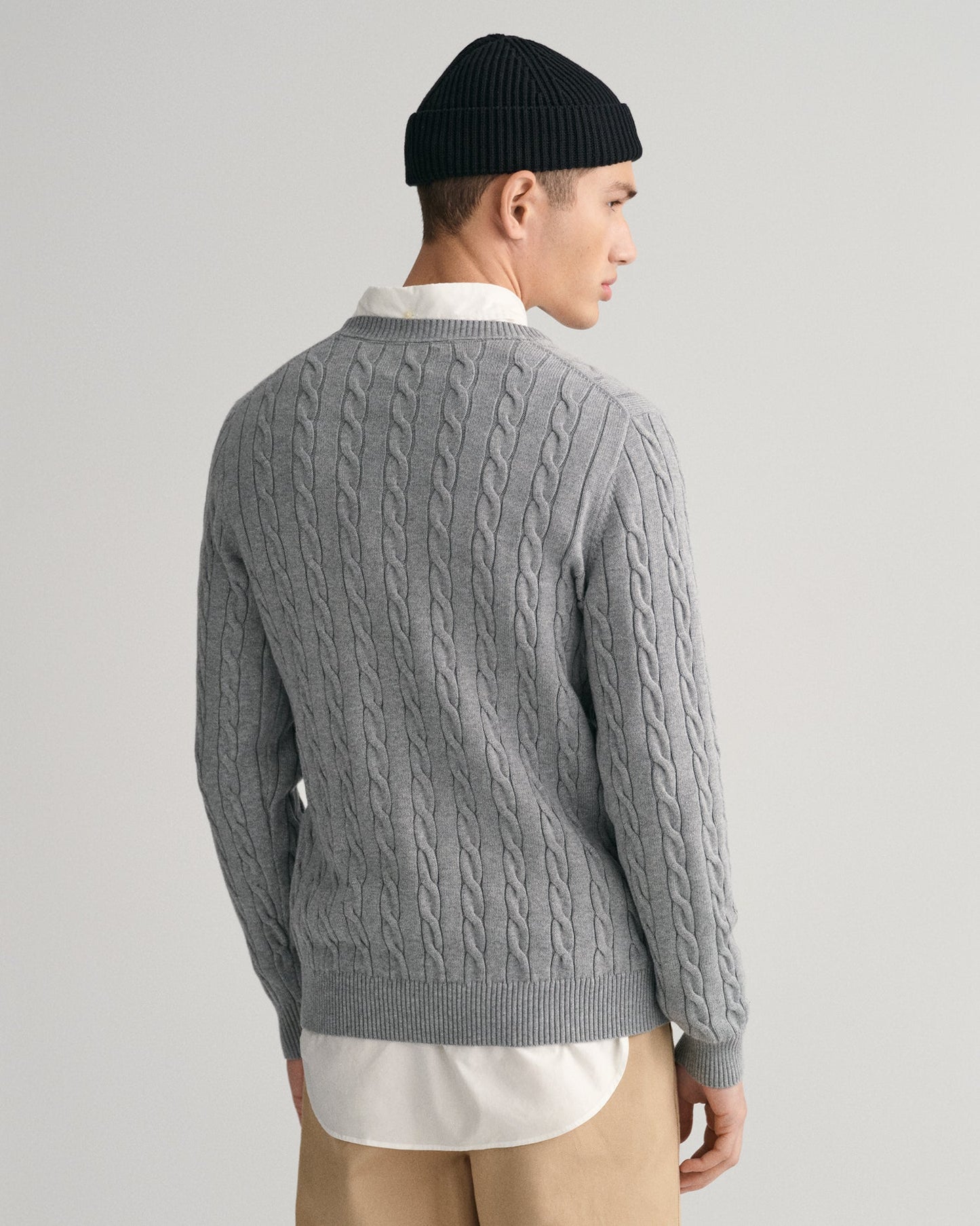 Men's Cotton Cable Knit Crew Neck Sweater - GREY MELANGE