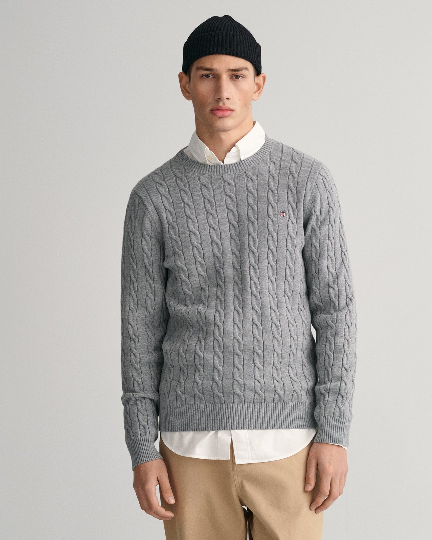 Men's Cotton Cable Knit Crew Neck Sweater - GREY MELANGE