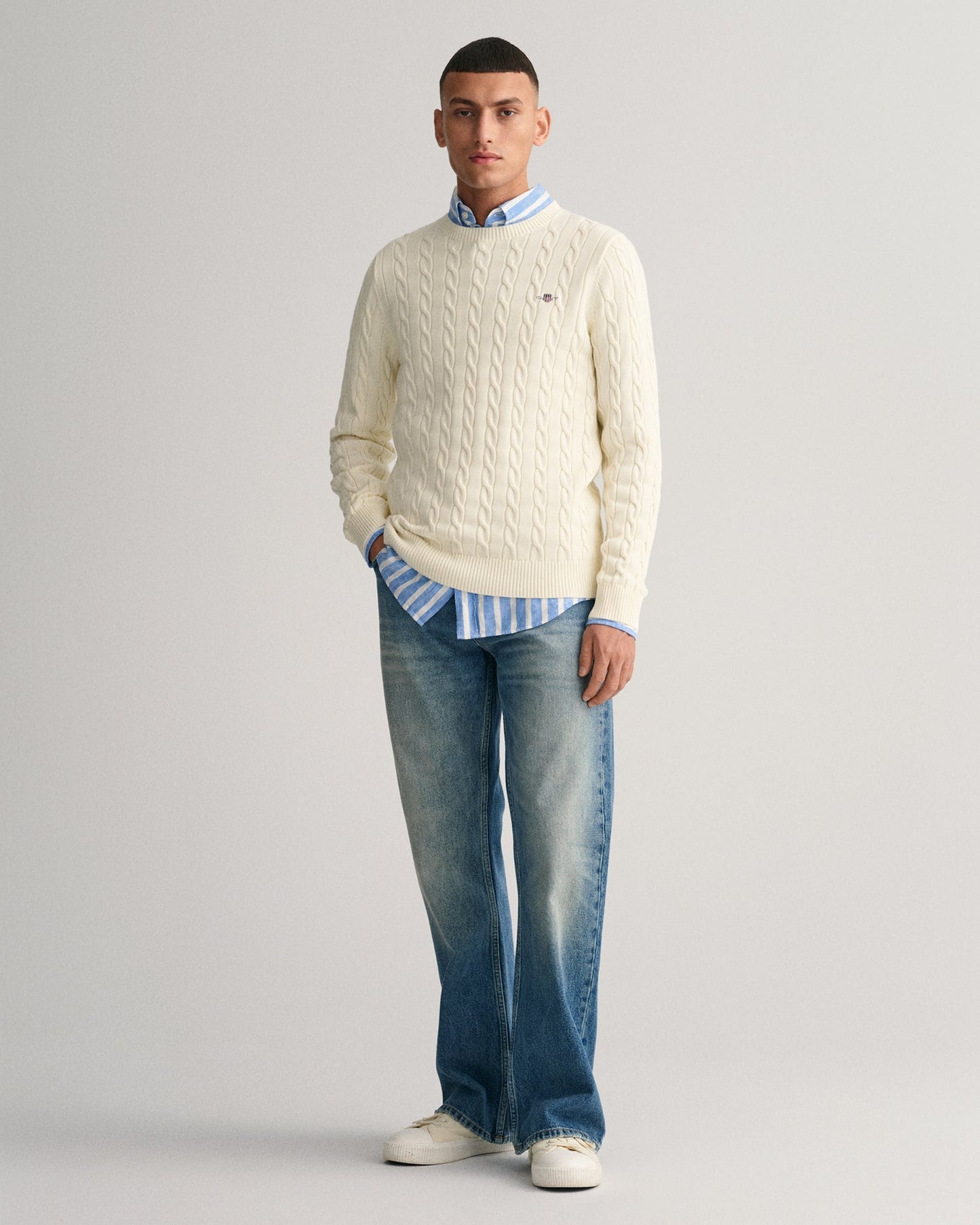 Men's Cotton Cable Knit Crew Neck Sweater - CREAM