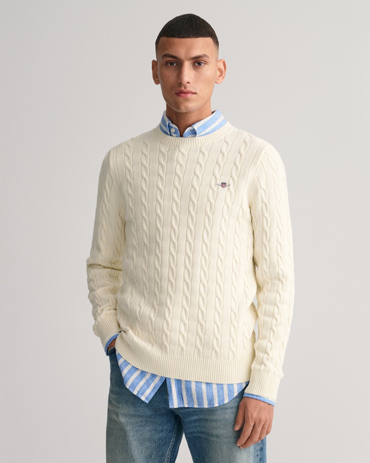 Men's Cotton Cable Knit Crew Neck Sweater - CREAM