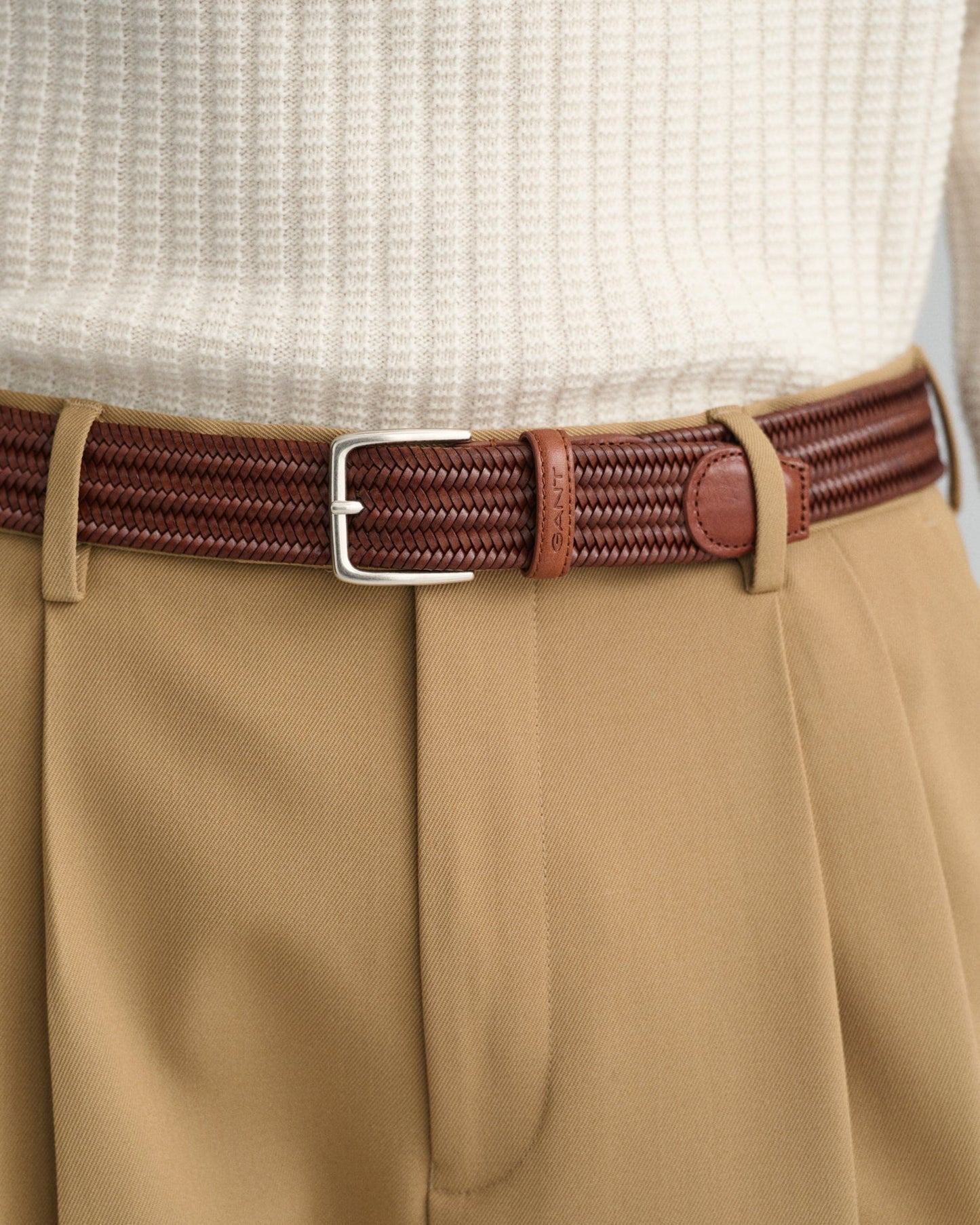 Men's Leather Elastic Braided Belt - WEATHERED BROWN