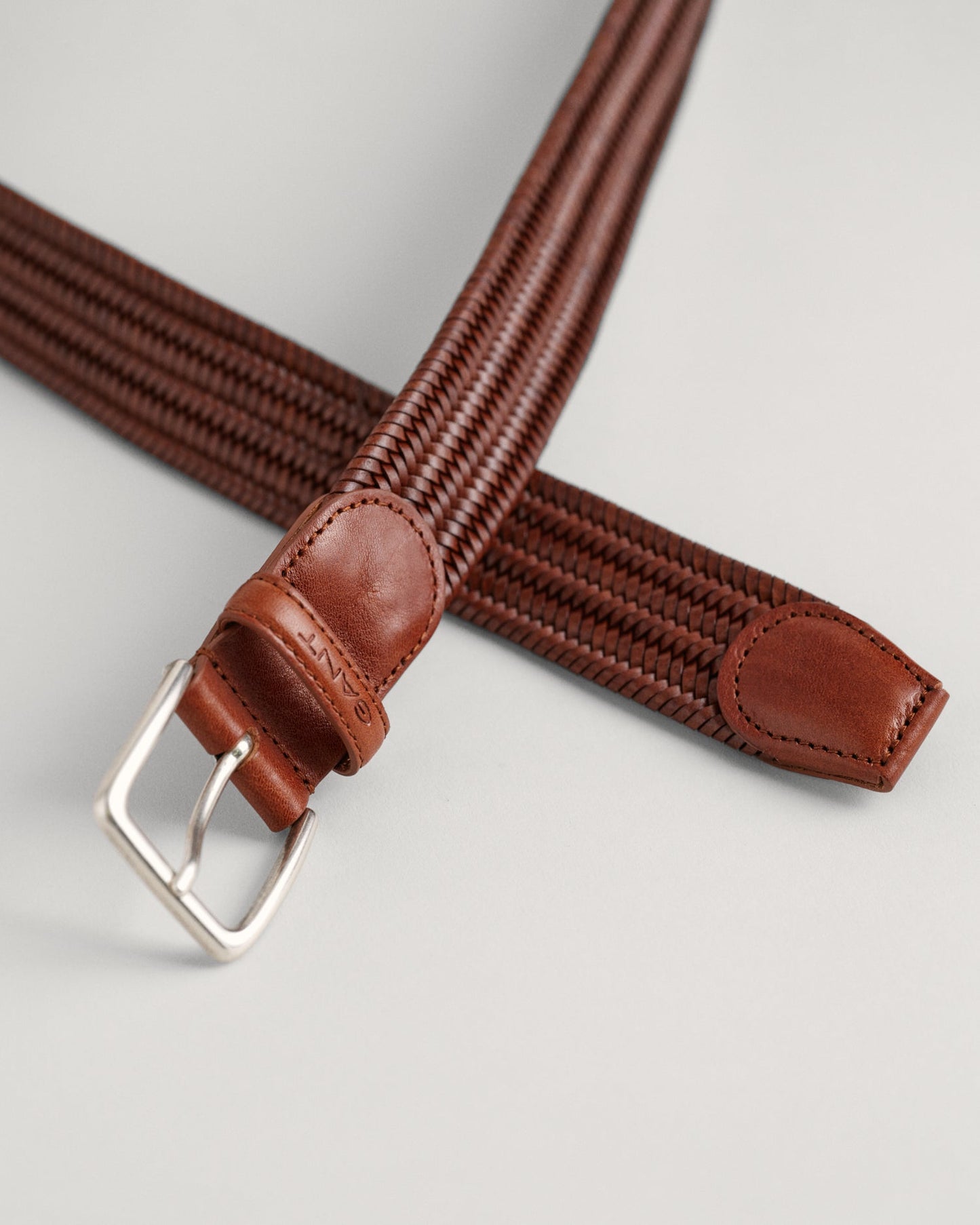 Men's Leather Elastic Braided Belt - WEATHERED BROWN