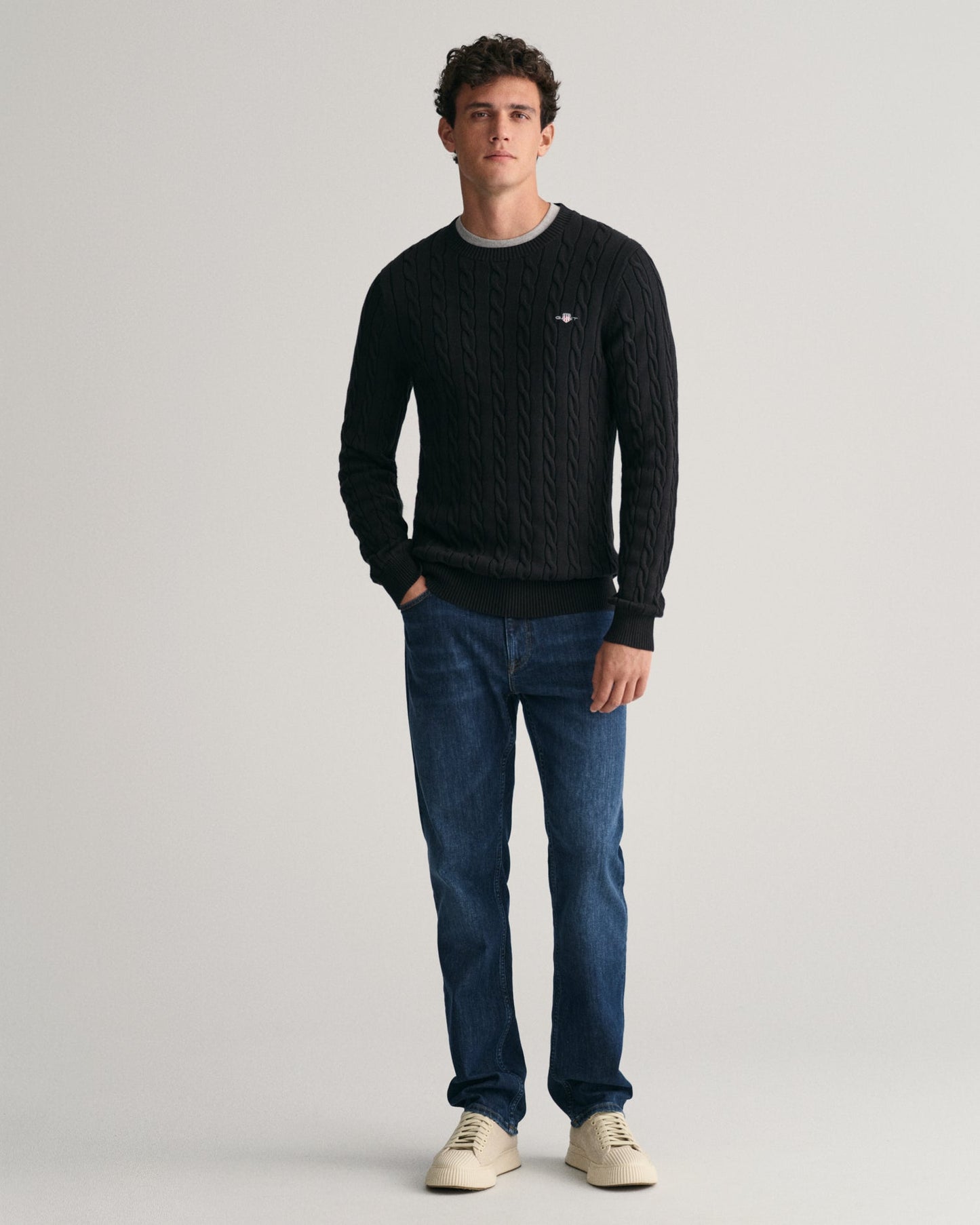 Men's Cotton Cable Knit Crew Neck Sweater - BLACK