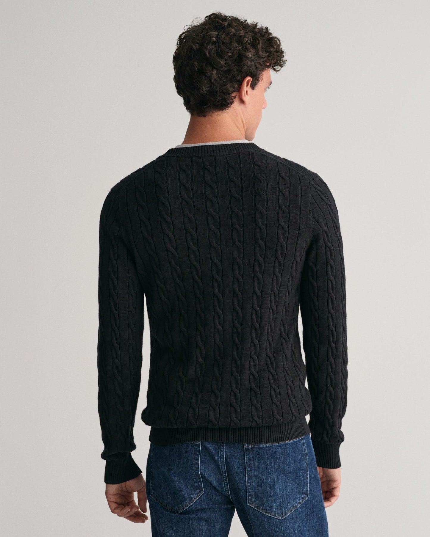 Men's Cotton Cable Knit Crew Neck Sweater - BLACK