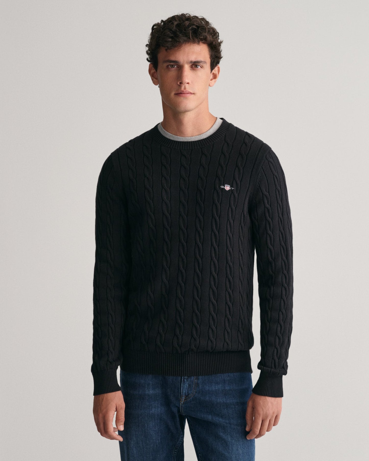 Men's Cotton Cable Knit Crew Neck Sweater - BLACK