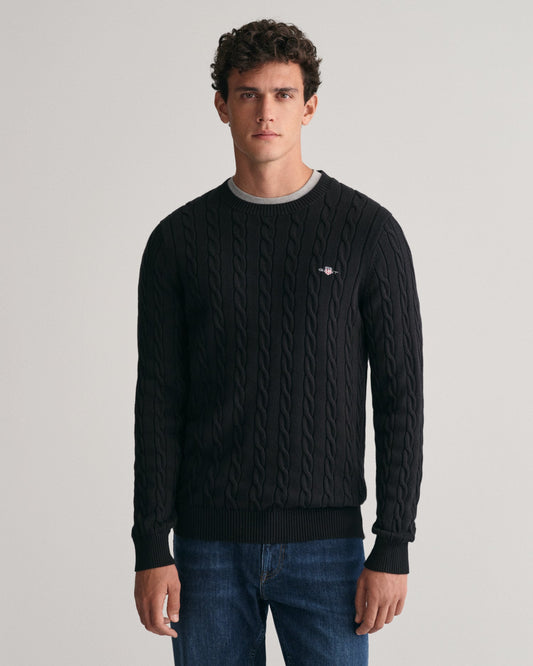 Men's Cotton Cable Knit Crew Neck Sweater - BLACK