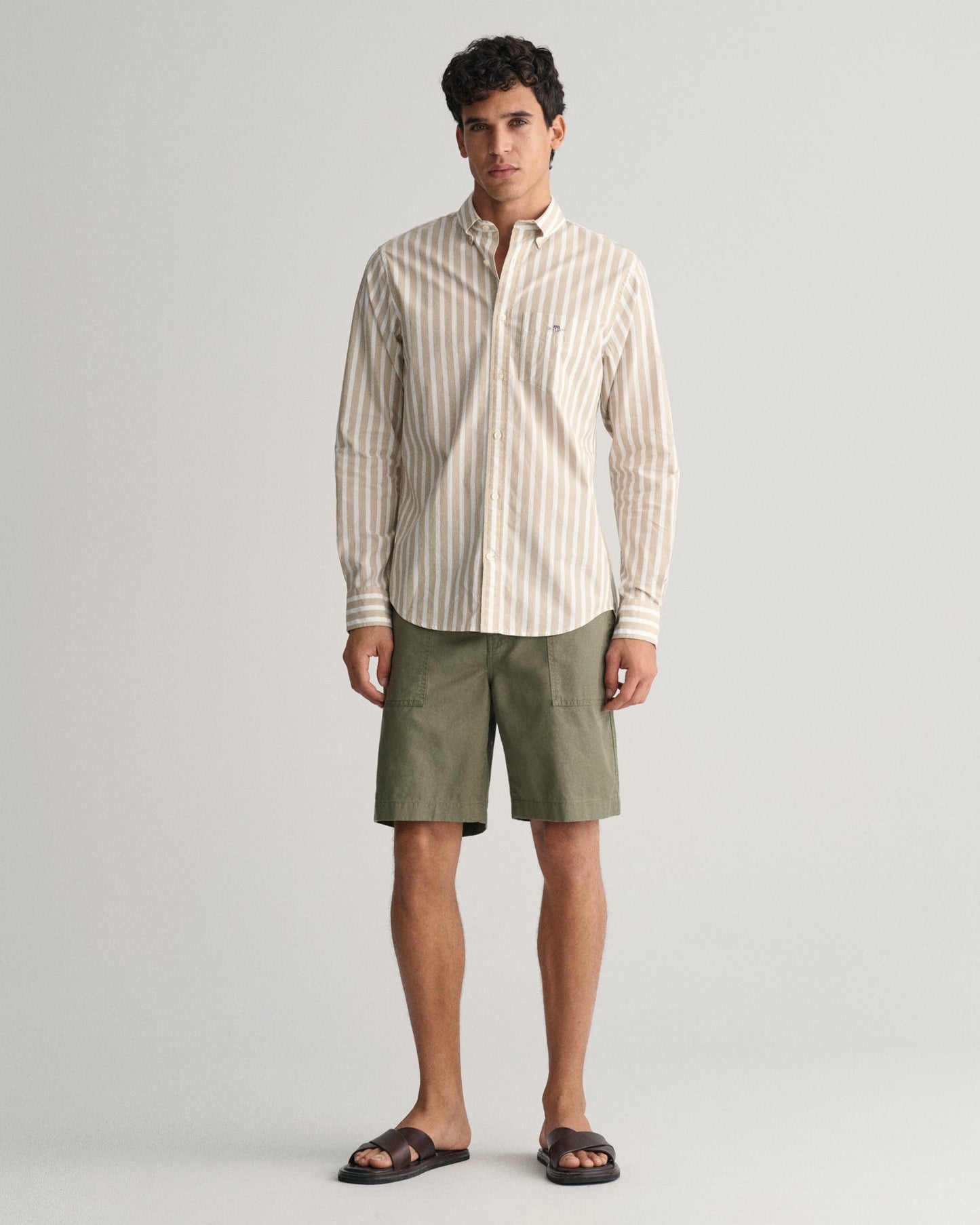 Men's Regular Fit Wide Striped Poplin Shirt - DRIED KHAKI