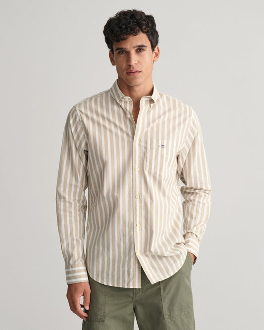 Men's Regular Fit Wide Striped Poplin Shirt - DRIED KHAKI