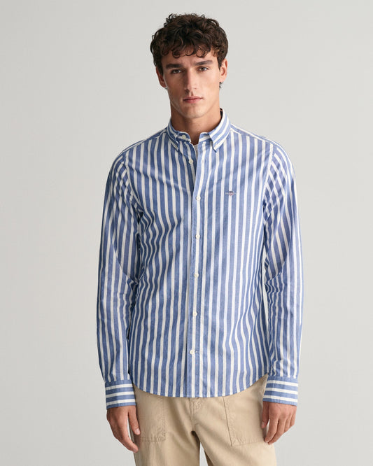 Men's Regular Fit Wide Striped Poplin Shirt - COLLEGE BLUE