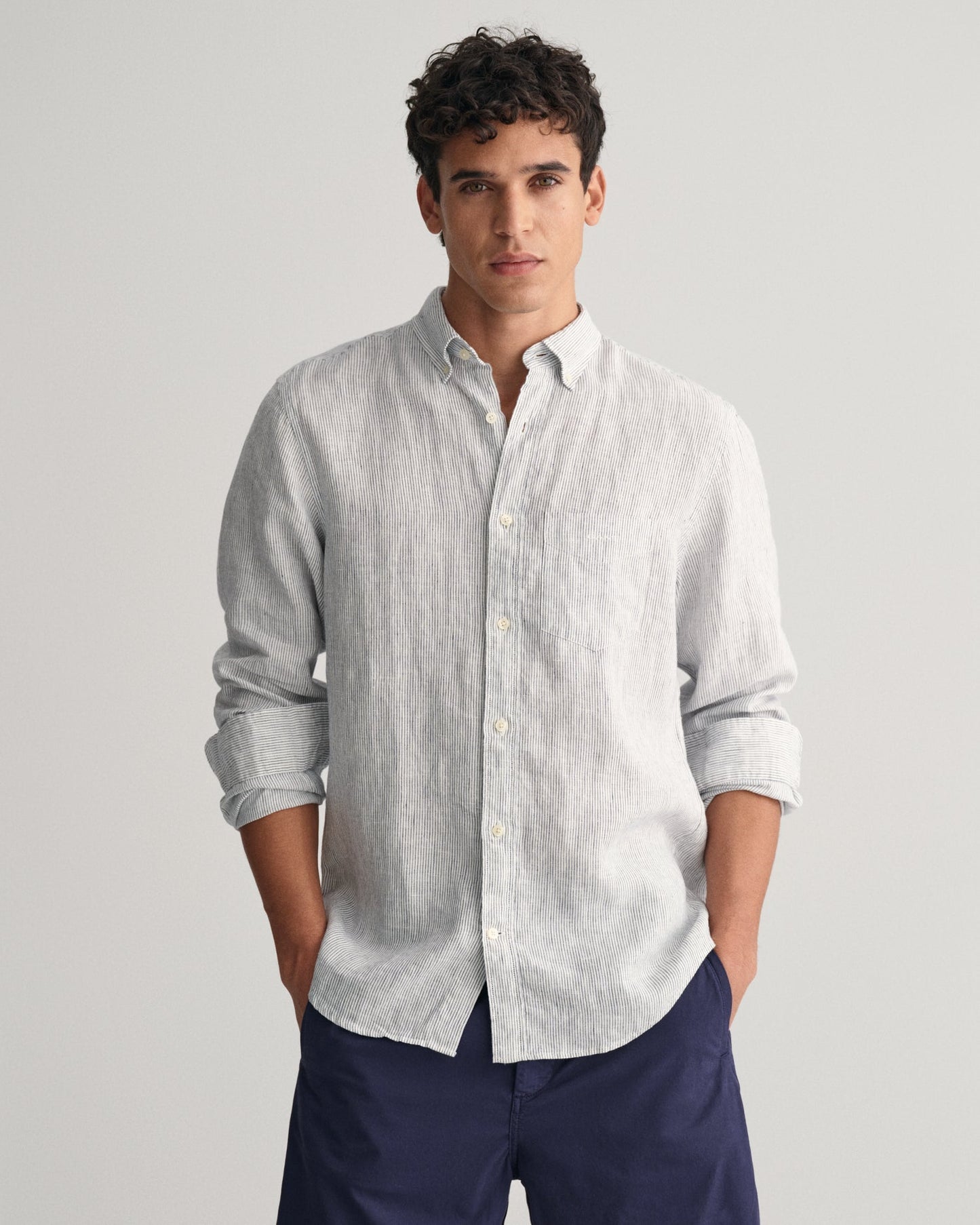 Men's Regular Fit Striped Linen Shirt - WHITE