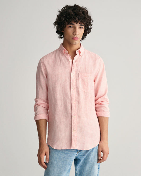 Men's Regular Fit Striped Linen Shirt - PEACHY PINK