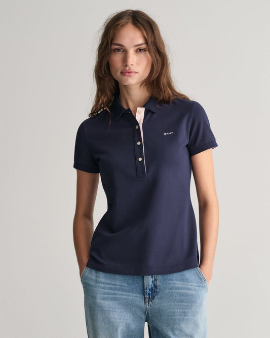 Women's Contrast Collared Piqué Polo Shirt - EVENING BLUE