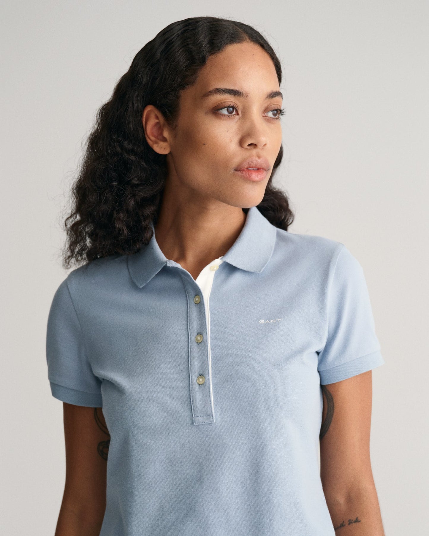 Women's Contrast Collared Piqué Polo Shirt - DOVE BLUE