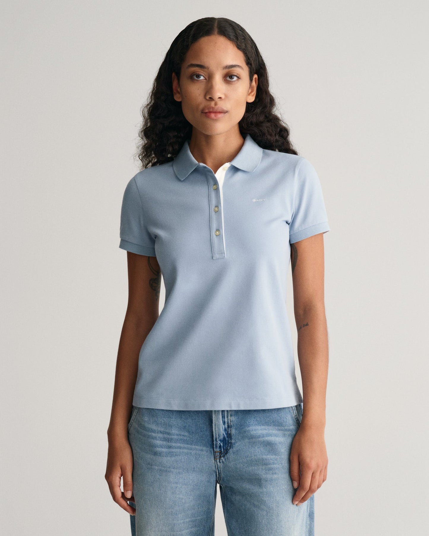 Women's Contrast Collared Piqué Polo Shirt - DOVE BLUE