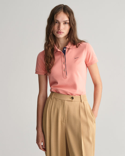 Women's Contrast Collared Piqué Polo Shirt - PEACHY PINK