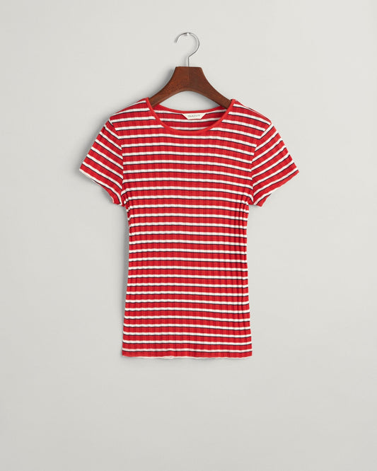 Women's Striped Ribbed T-Shirt - BRIGHT RED