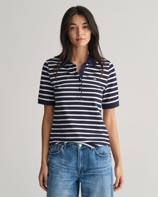 Women's Striped Shield Piqué Polo Shirt - EVENING BLUE