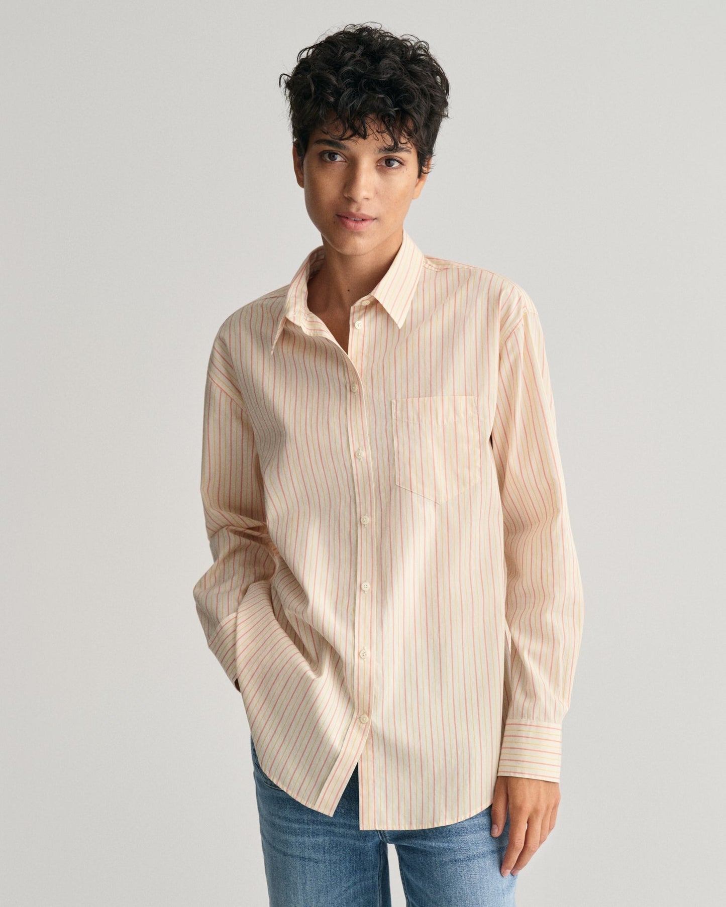 Women's Relaxed Fit Striped Poplin Shirt - PEACHY PINK