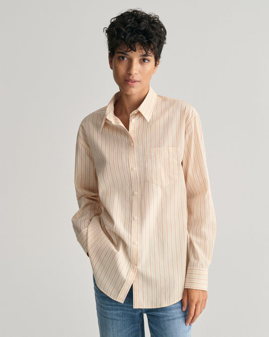 Women's Relaxed Fit Striped Poplin Shirt - PEACHY PINK