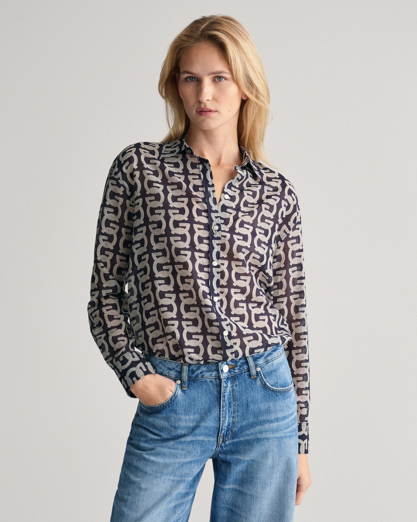 Women's Relaxed Fit G Patterned Cotton Silk Shirt - EVENING BLUE