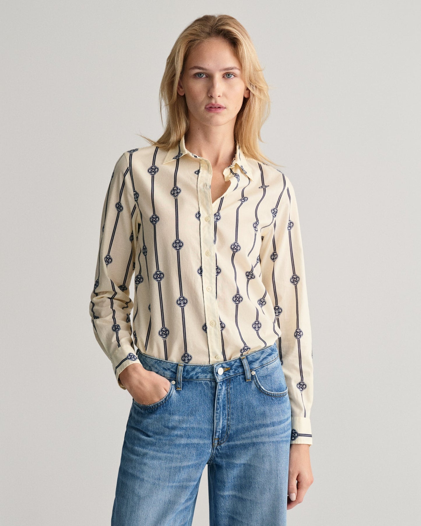 Women's Regular Fit Monogram Striped Cotton Voile Shirt - CLASSIC BLUE