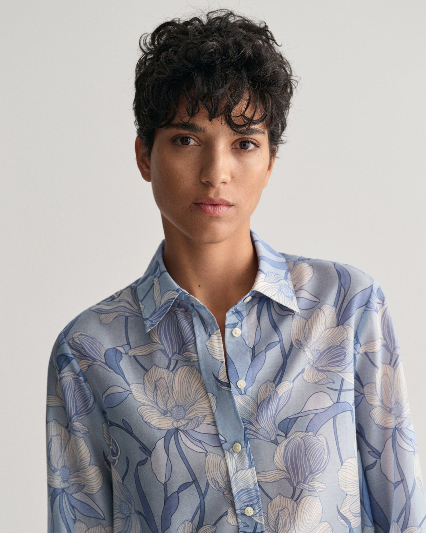 Women's Regular Fit Magnolia Print Cotton Silk Shirt - DOVE BLUE