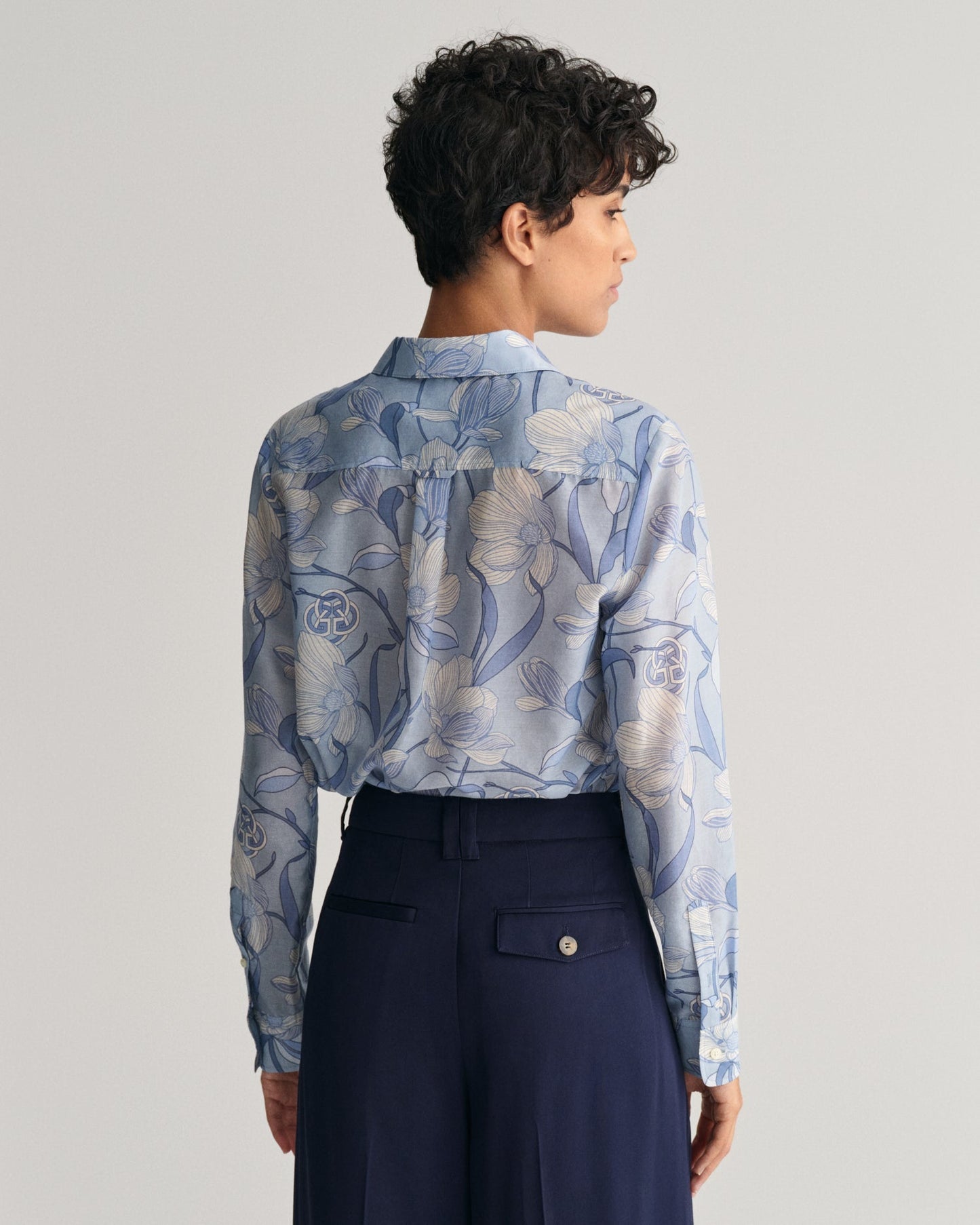 Women's Regular Fit Magnolia Print Cotton Silk Shirt - DOVE BLUE