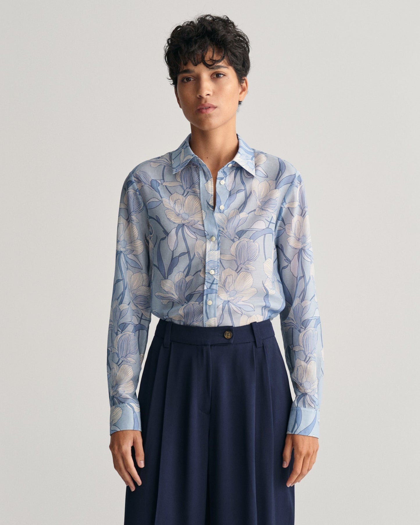 Women's Regular Fit Magnolia Print Cotton Silk Shirt - DOVE BLUE