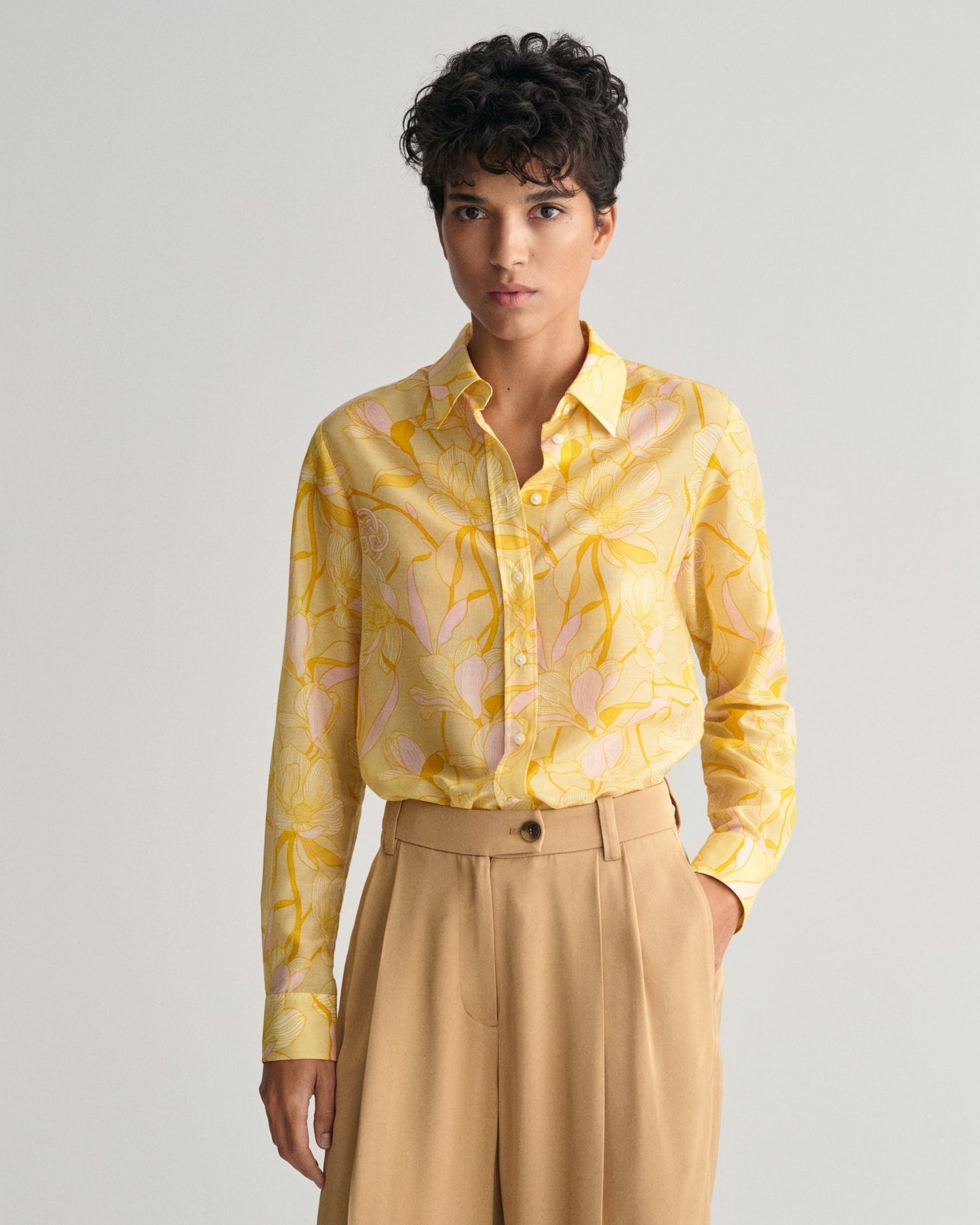 Women's Regular Fit Magnolia Print Cotton Silk Shirt - DUSTY YELLOW