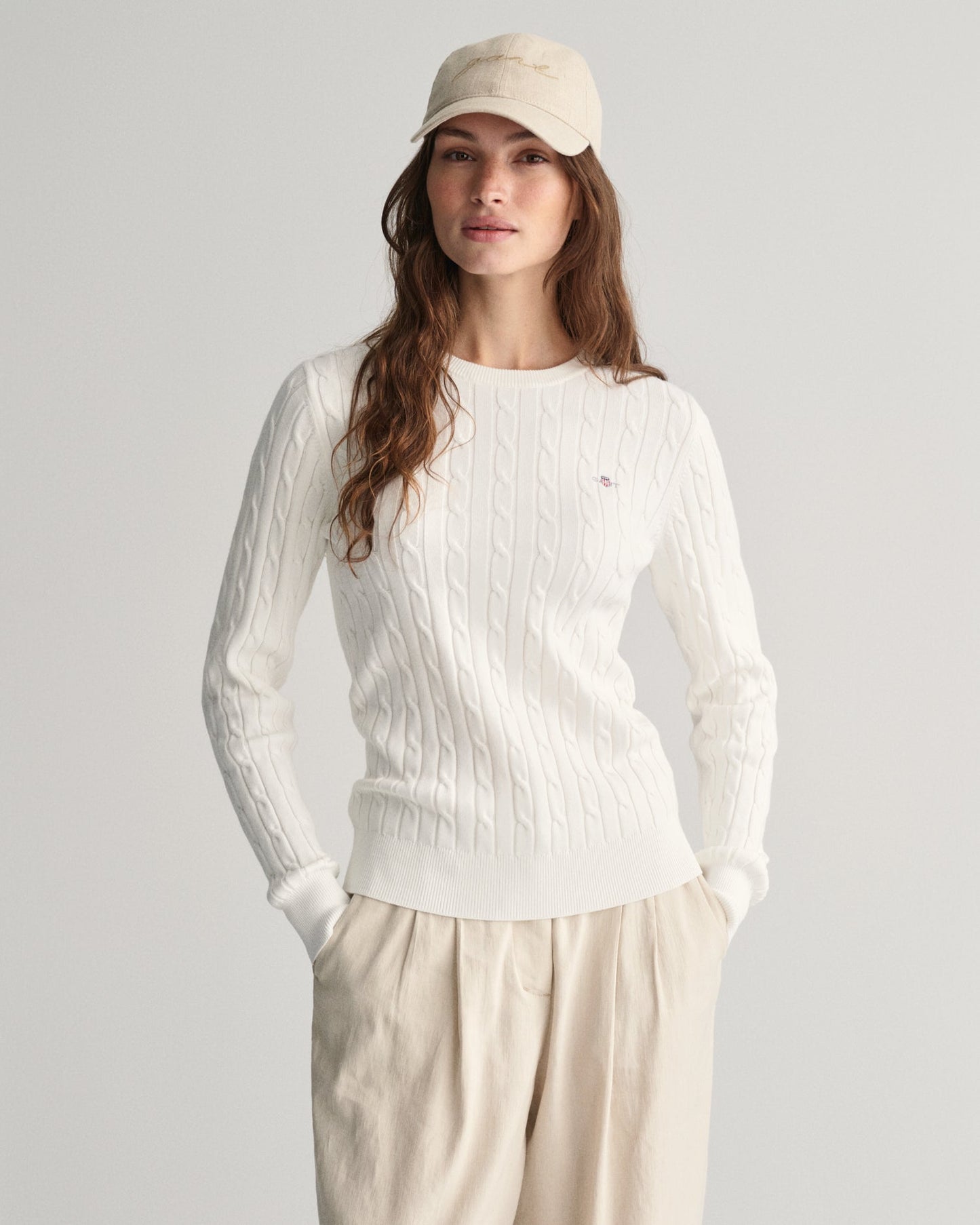 Women's Stretch Cotton Cable Knit Crew Neck Sweater - EGGSHELL