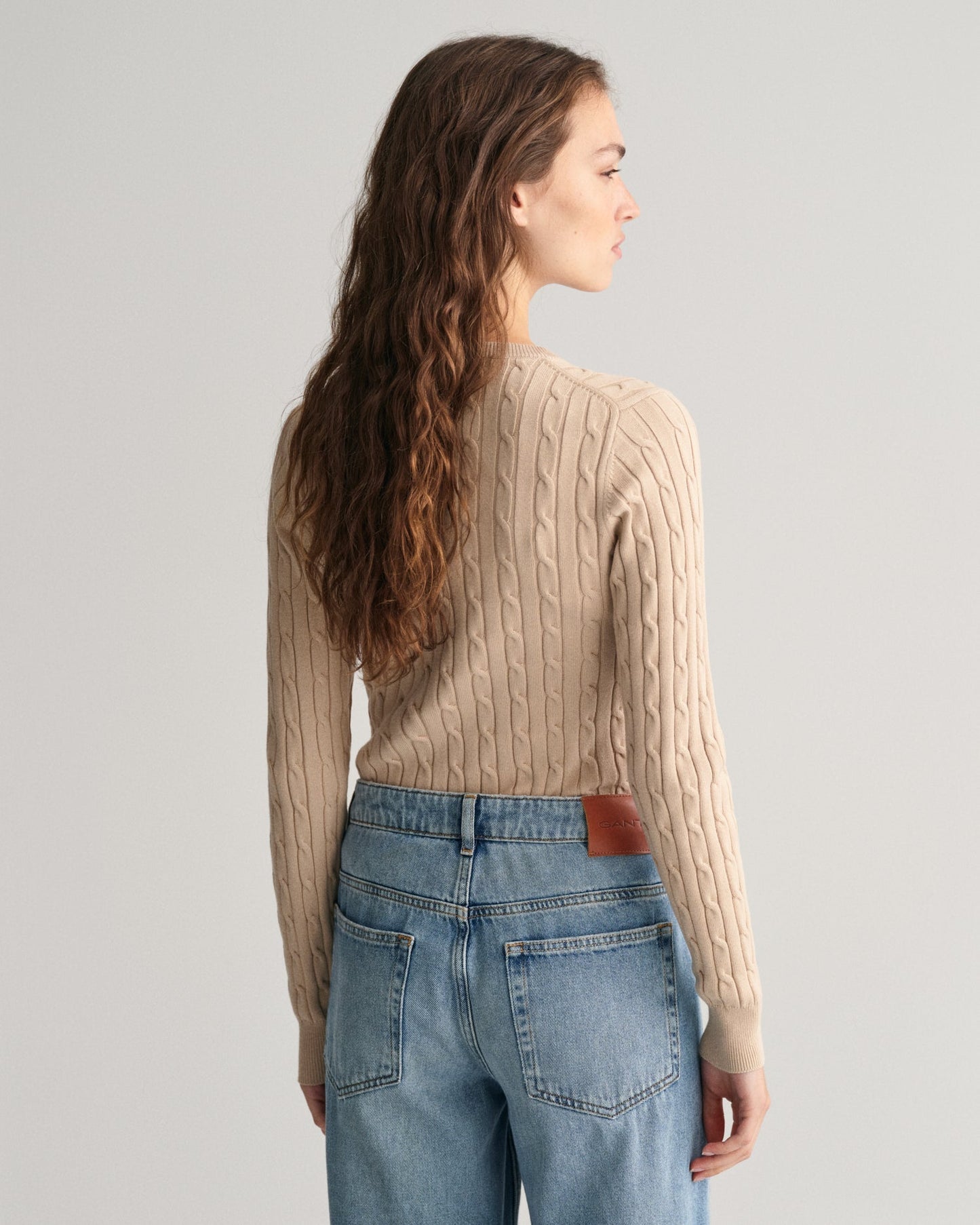 Women's Stretch Cotton Cable Knit Crew Neck Sweater - DRY SAND