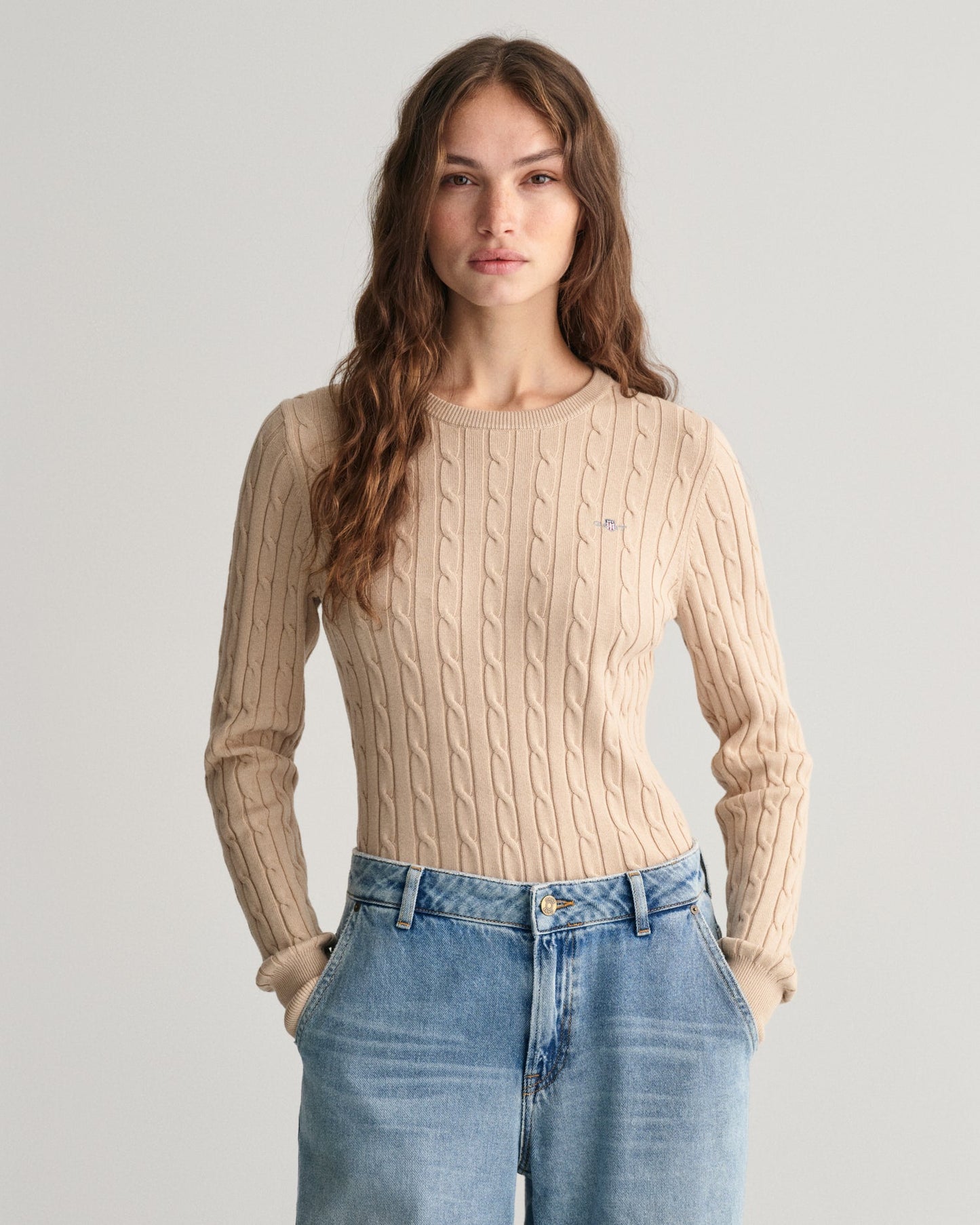 Women's Stretch Cotton Cable Knit Crew Neck Sweater - DRY SAND