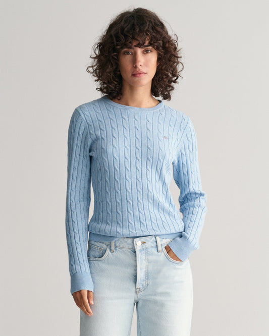 Women's Stretch Cotton Cable Knit Crew Neck Sweater - DOVE BLUE