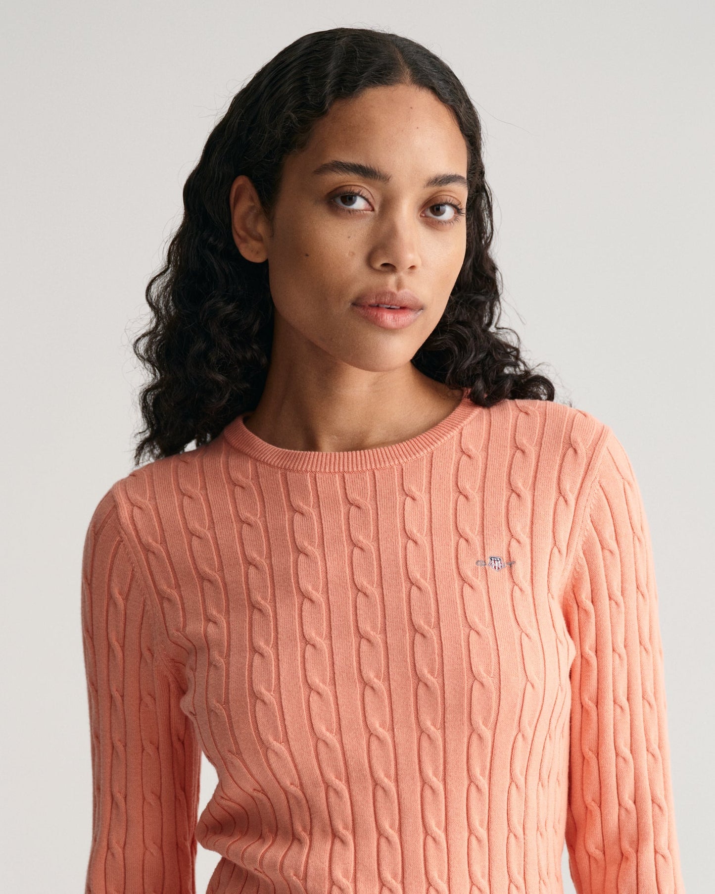 Women's Stretch Cotton Cable Knit Crew Neck Sweater - PEACHY PINK