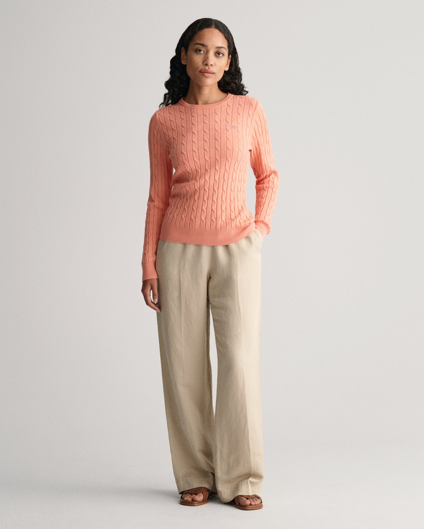 Women's Stretch Cotton Cable Knit Crew Neck Sweater - PEACHY PINK