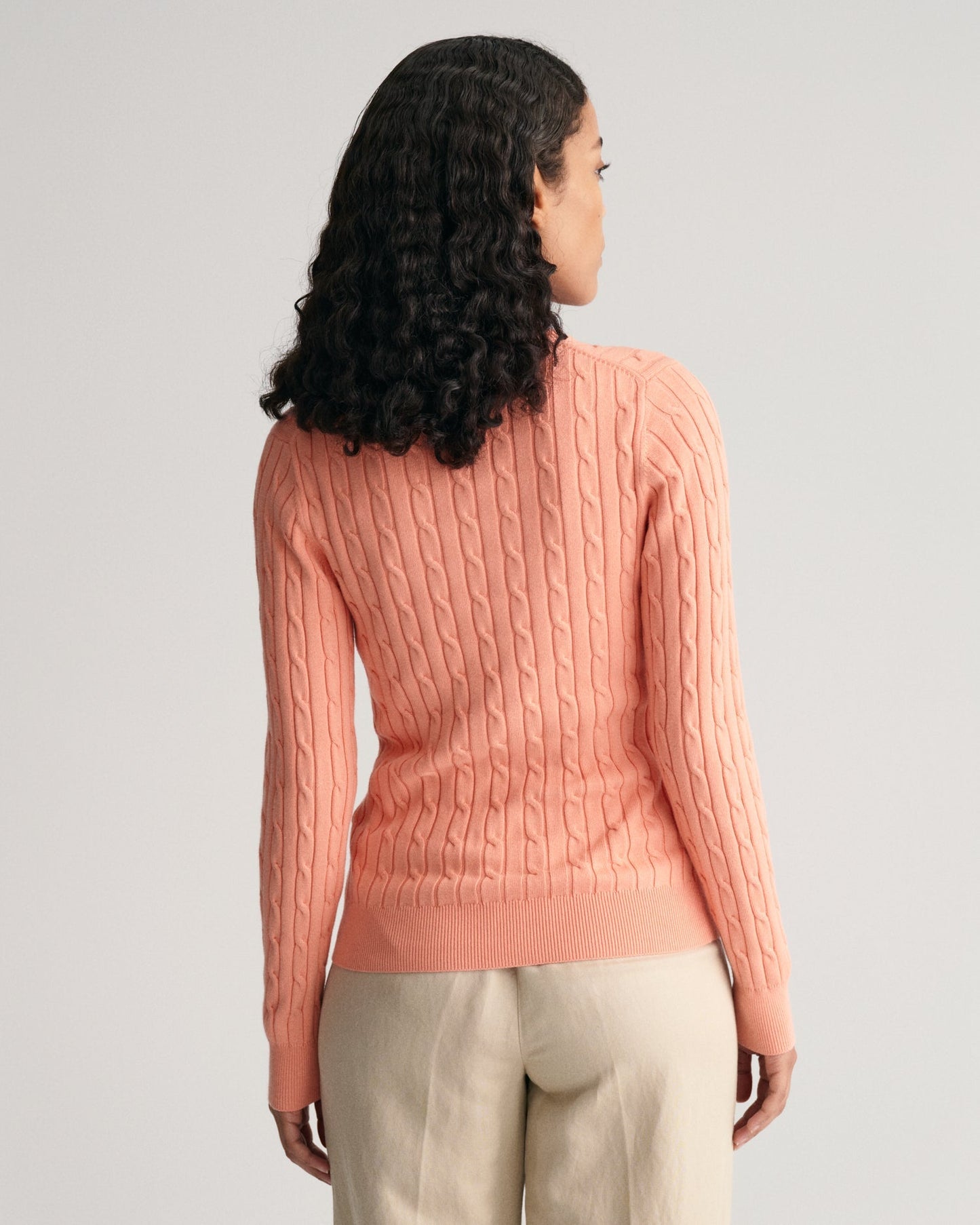 Women's Stretch Cotton Cable Knit Crew Neck Sweater - PEACHY PINK