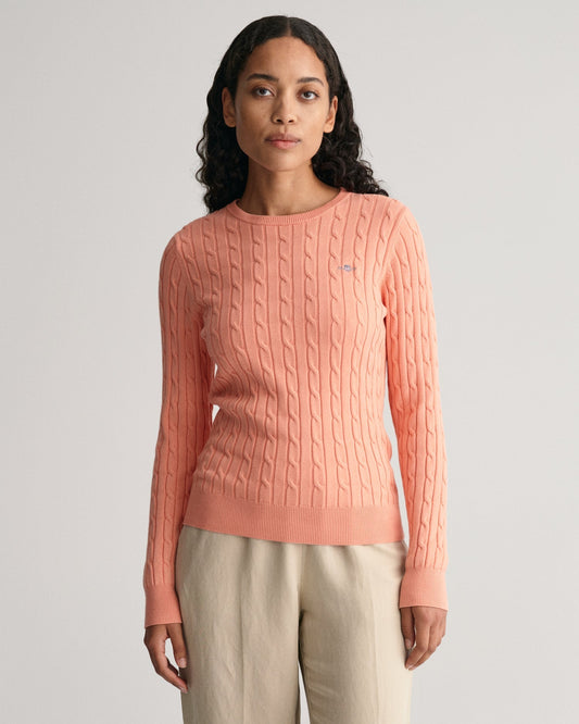 Women's Stretch Cotton Cable Knit Crew Neck Sweater - PEACHY PINK