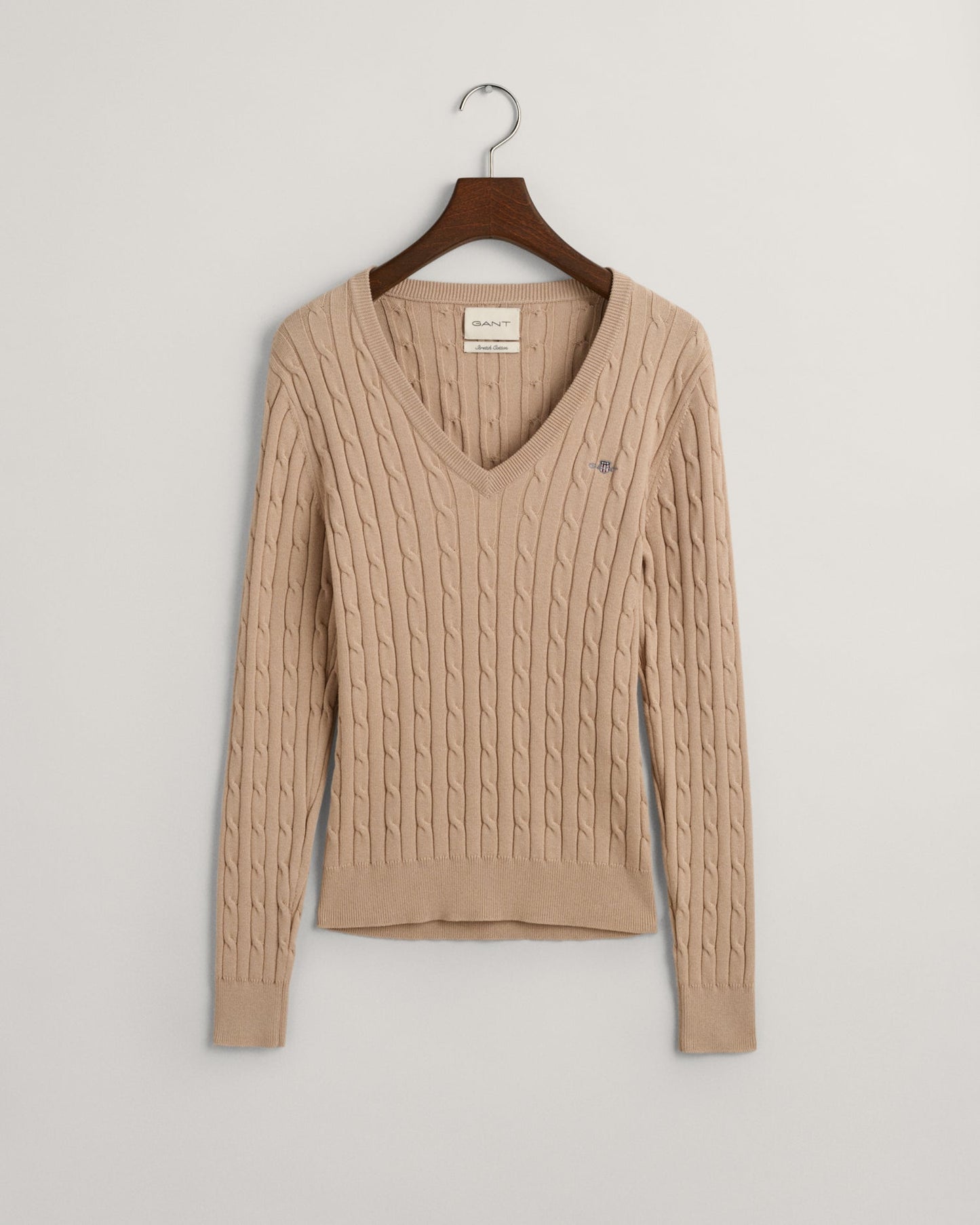 Women's Stretch Cotton Cable Knit V-Neck Sweater - DRY SAND