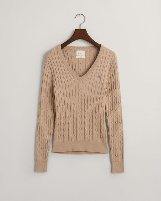 Women's Stretch Cotton Cable Knit V-Neck Sweater - DRY SAND