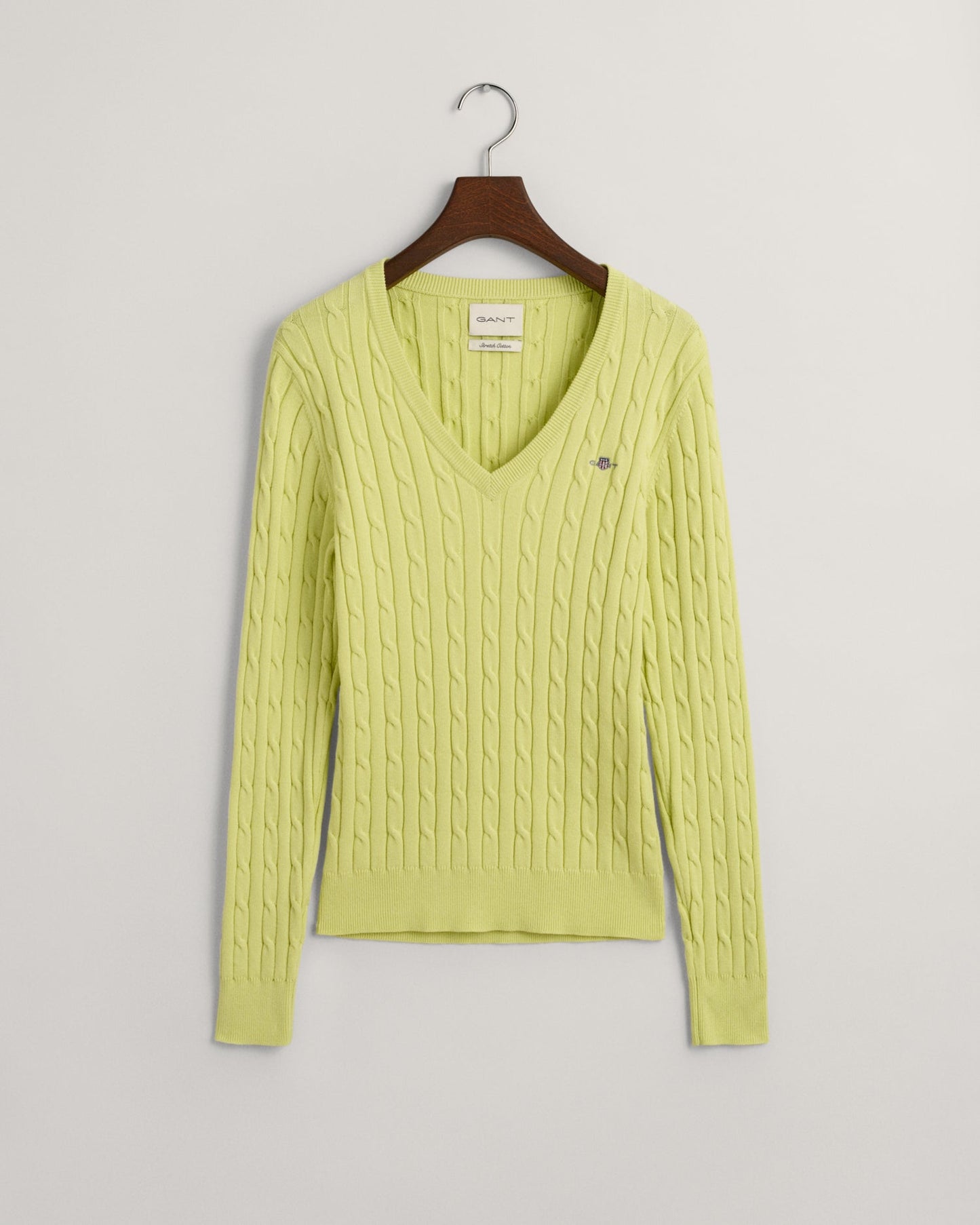 Women's Stretch Cotton Cable Knit V-Neck Sweater - PASTEL LIME