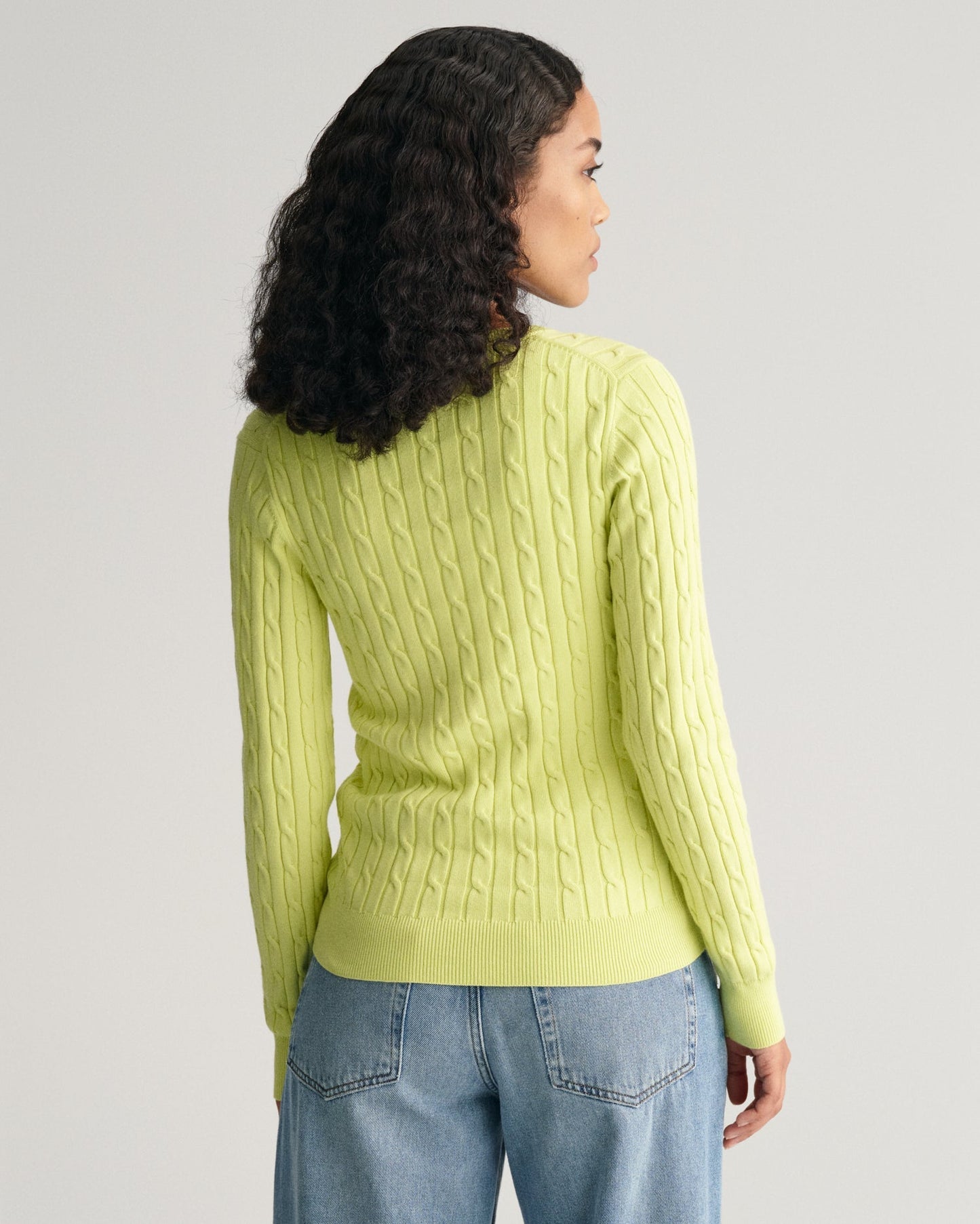 Women's Stretch Cotton Cable Knit V-Neck Sweater - PASTEL LIME