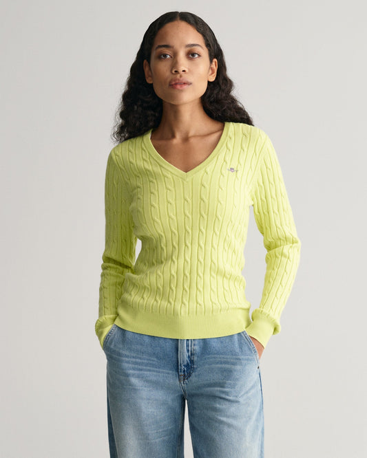 Women's Stretch Cotton Cable Knit V-Neck Sweater - PASTEL LIME