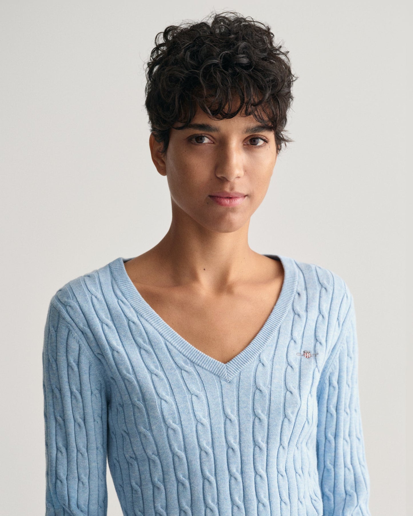 Women's Stretch Cotton Cable Knit V-Neck Sweater - DOVE BLUE