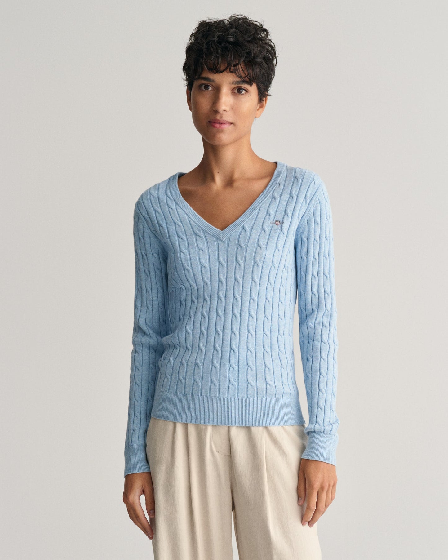 Women's Stretch Cotton Cable Knit V-Neck Sweater - DOVE BLUE